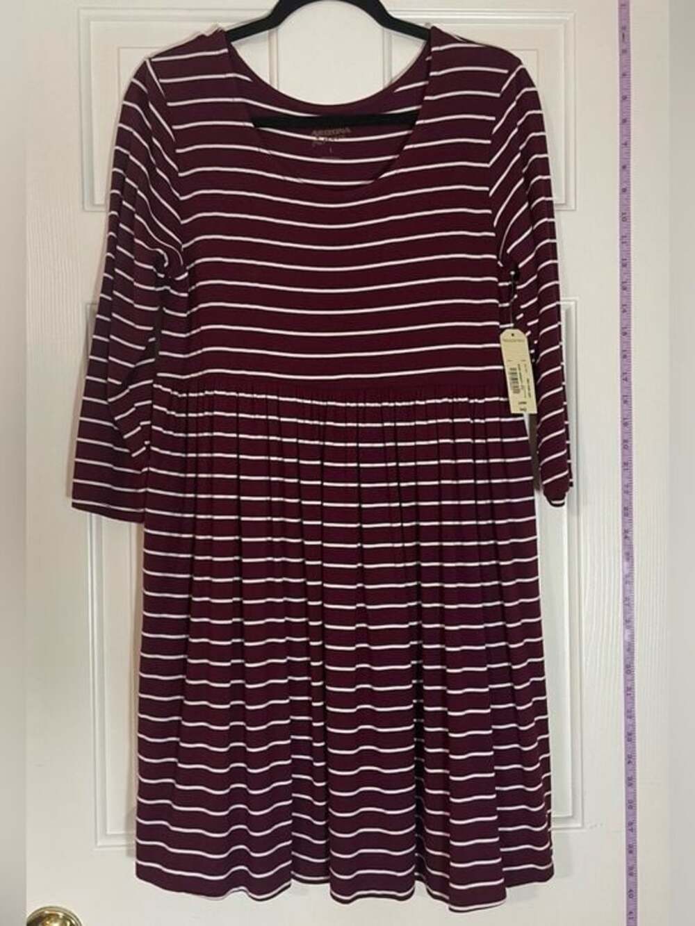 Arizona Burgundy and White Striped Long-Sleeve Dress Large
